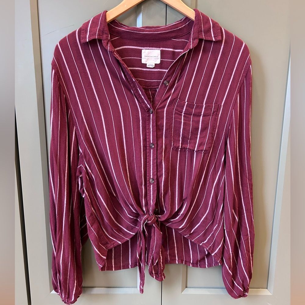 American Eagle Maroon Striped Tie Front Button Shirt